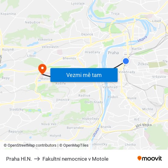 Praha Hl.N. to Fakultní nemocnice v Motole map