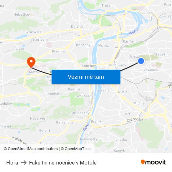 Flora to Fakultní nemocnice v Motole map