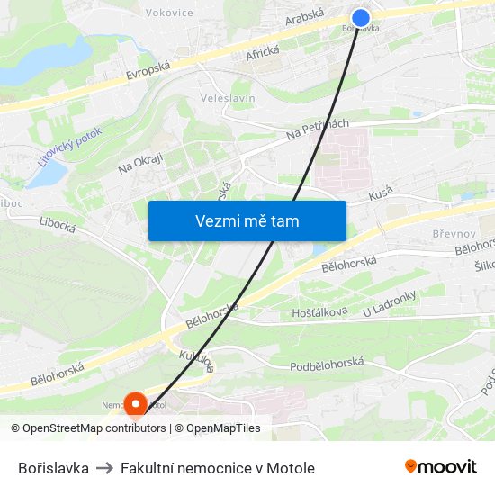 Bořislavka to Fakultní nemocnice v Motole map