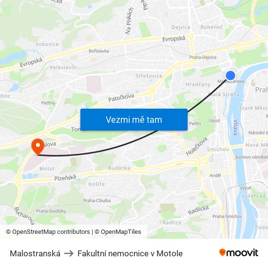 Malostranská to Fakultní nemocnice v Motole map