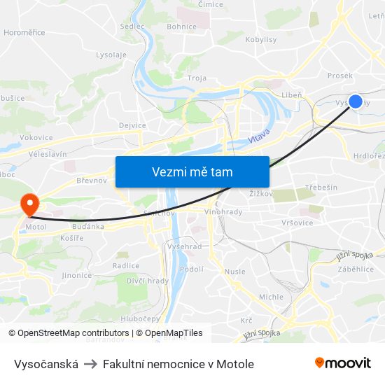 Vysočanská to Fakultní nemocnice v Motole map