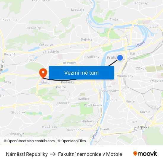 Náměstí Republiky to Fakultní nemocnice v Motole map