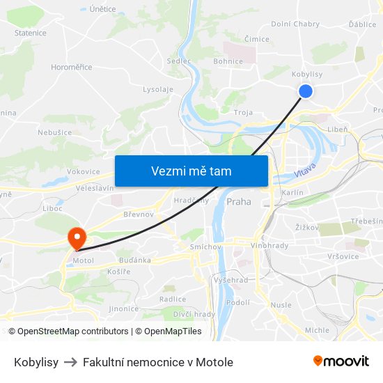 Kobylisy to Fakultní nemocnice v Motole map