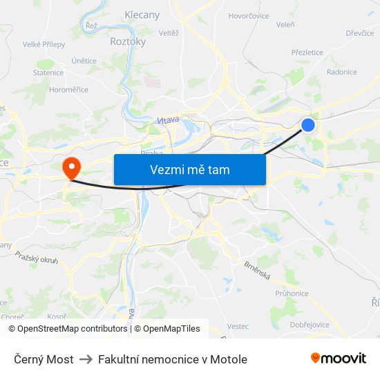 Černý Most to Fakultní nemocnice v Motole map