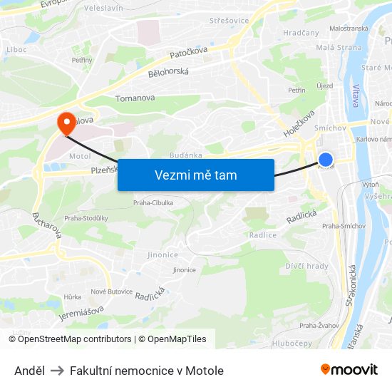 Anděl to Fakultní nemocnice v Motole map