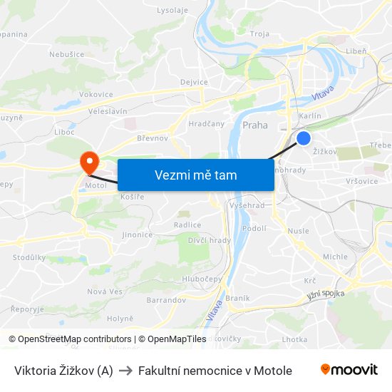 Viktoria Žižkov (A) to Fakultní nemocnice v Motole map