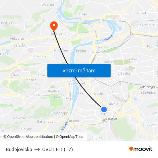 Budějovická to ČVUT FIT (T7) map