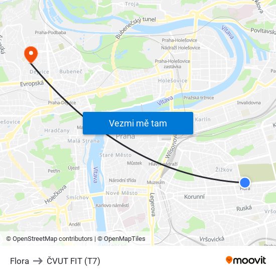 Flora to ČVUT FIT (T7) map
