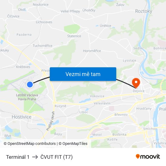 Terminál 1 to ČVUT FIT (T7) map