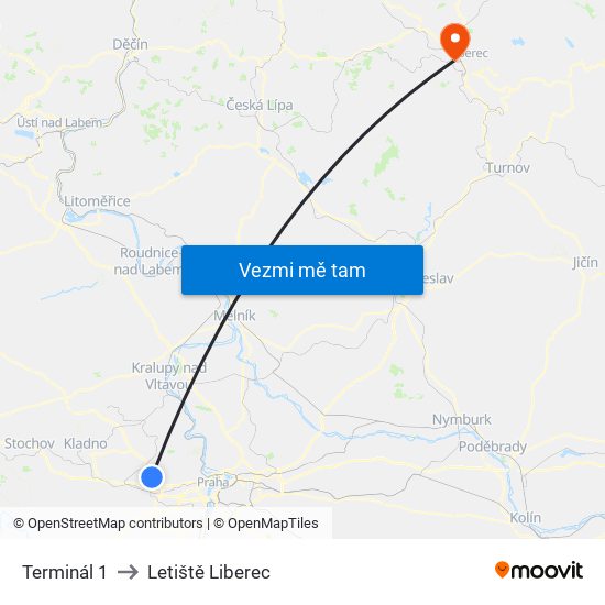 Terminál 1 to Letiště Liberec map