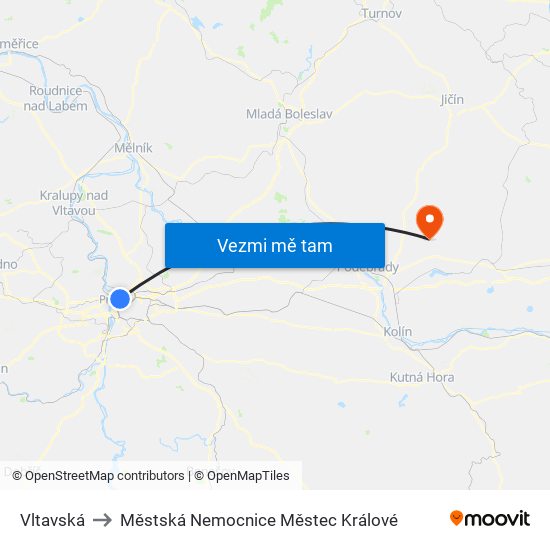 Vltavská to Městská Nemocnice Městec Králové map