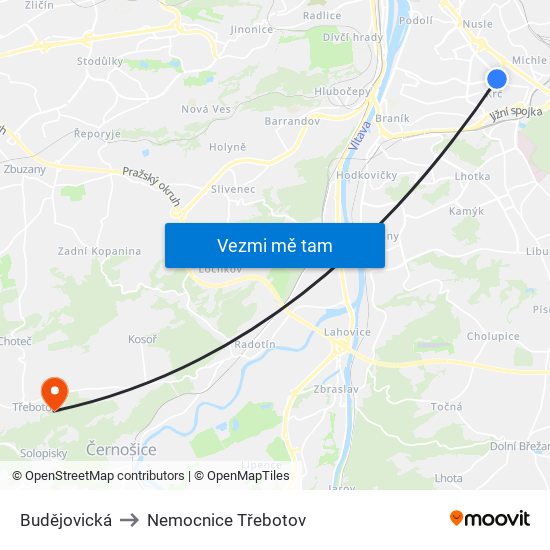 Budějovická to Nemocnice Třebotov map