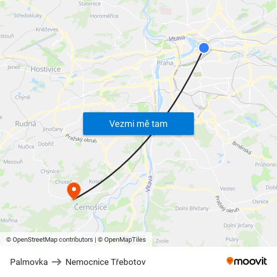 Palmovka to Nemocnice Třebotov map