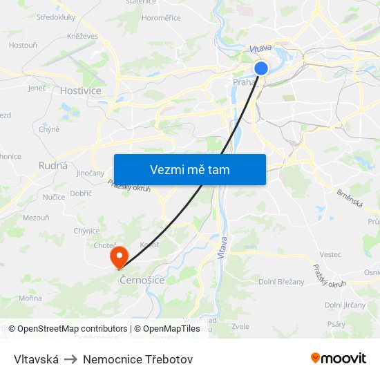 Vltavská to Nemocnice Třebotov map