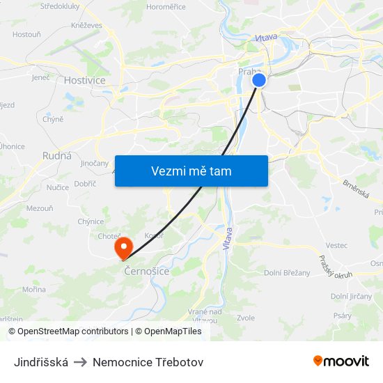 Jindřišská to Nemocnice Třebotov map