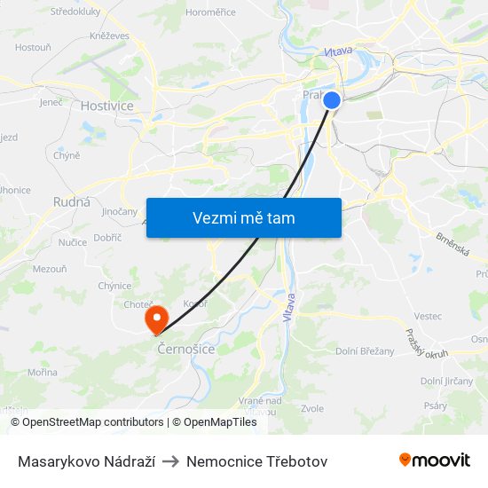 Masarykovo Nádraží to Nemocnice Třebotov map