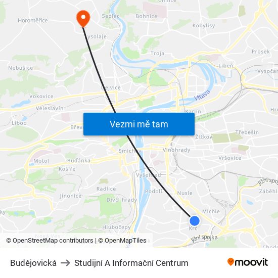 Budějovická to Studijní A Informační Centrum map