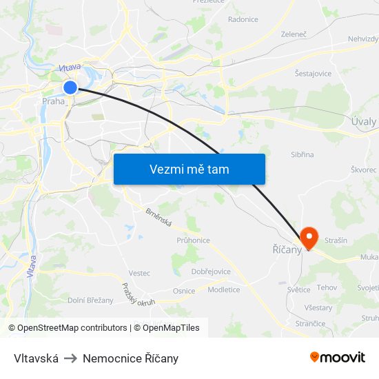 Vltavská to Nemocnice Říčany map