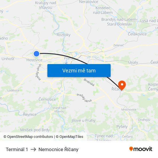 Terminál 1 to Nemocnice Říčany map