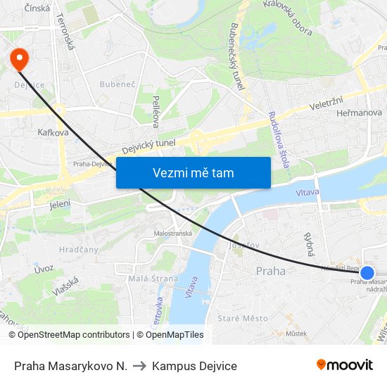 Praha Masarykovo N. to Kampus Dejvice map
