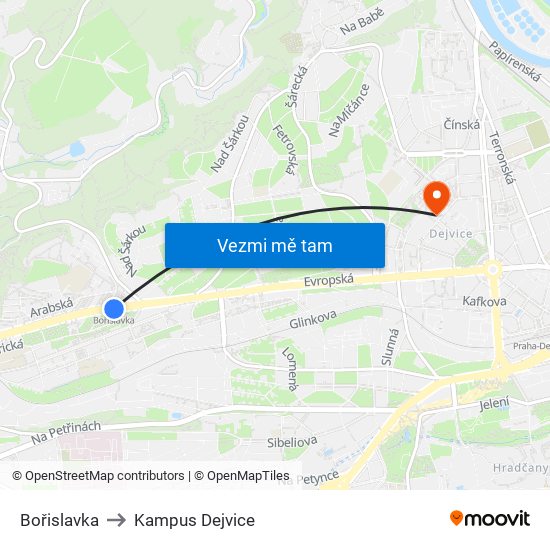 Bořislavka to Kampus Dejvice map