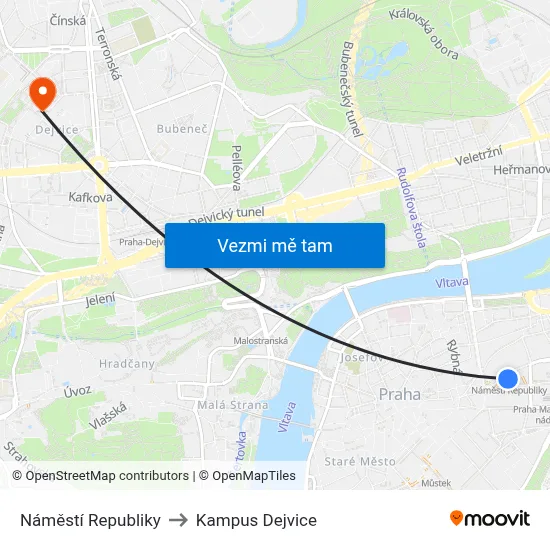 Náměstí Republiky to Kampus Dejvice map