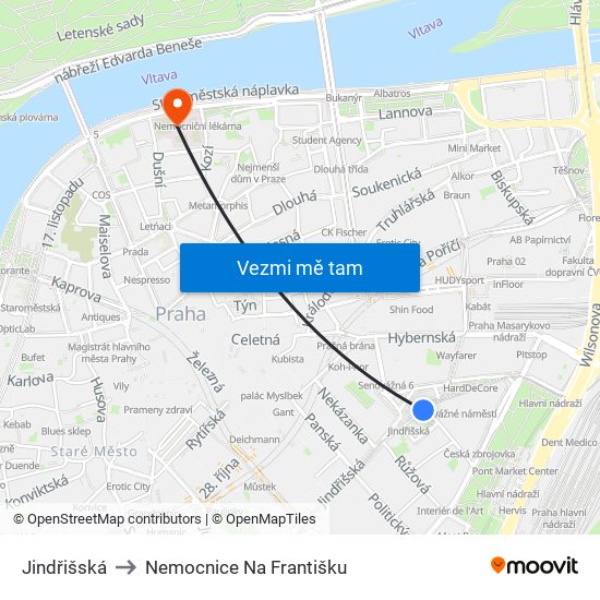 Jindřišská to Nemocnice Na Františku map