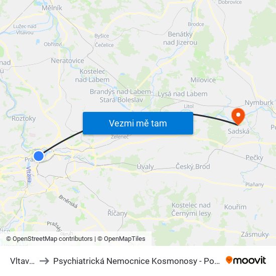 Vltavská to Psychiatrická Nemocnice Kosmonosy - Pobočka Sadská map