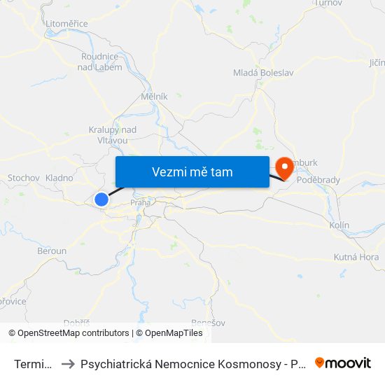Terminál 1 to Psychiatrická Nemocnice Kosmonosy - Pobočka Sadská map