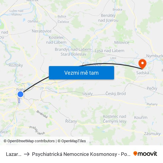 Lazarská to Psychiatrická Nemocnice Kosmonosy - Pobočka Sadská map