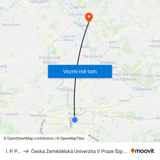 I. P. Pavlova to Česká Zemědělská Univerzita V Praze Šzp Lány - Vinařské Středisko Mělník map