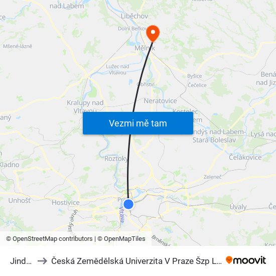 Jindřišská to Česká Zemědělská Univerzita V Praze Šzp Lány - Vinařské Středisko Mělník map