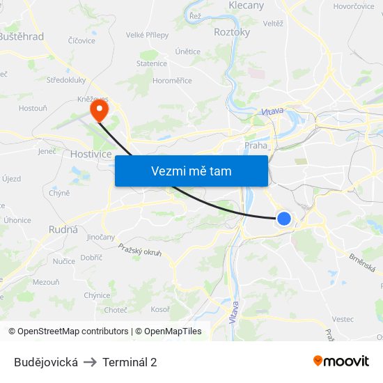 Budějovická to Terminál 2 map