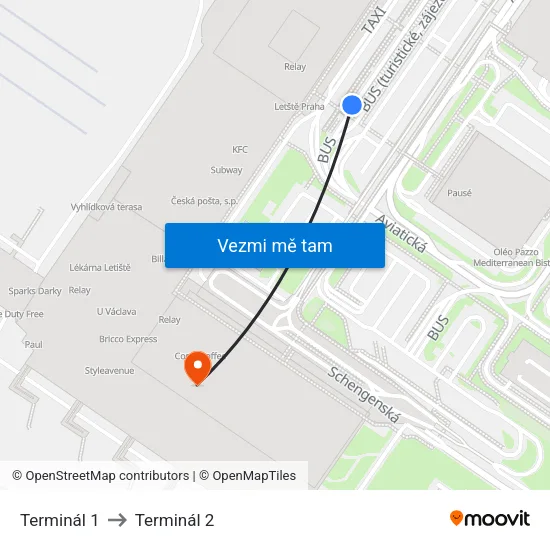 Terminál 1 to Terminál 2 map