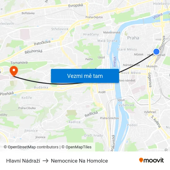 Hlavní Nádraží to Nemocnice Na Homolce map