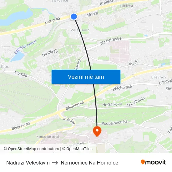 Nádraží Veleslavín to Nemocnice Na Homolce map