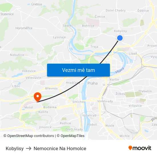 Kobylisy to Nemocnice Na Homolce map