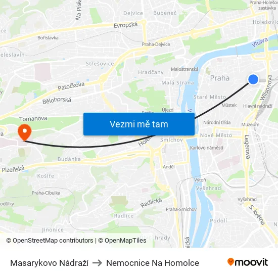 Masarykovo Nádraží to Nemocnice Na Homolce map