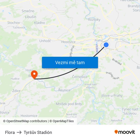 Flora to Tyršův Stadión map