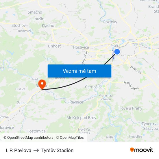 I. P. Pavlova to Tyršův Stadión map