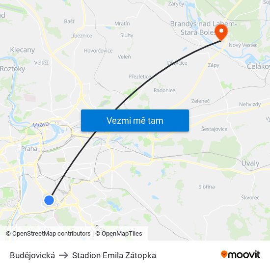 Budějovická to Stadion Emila Zátopka map