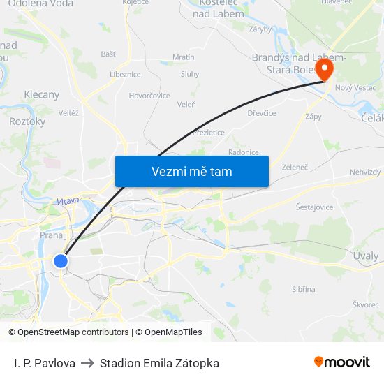 I. P. Pavlova to Stadion Emila Zátopka map