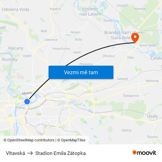 Vltavská to Stadion Emila Zátopka map