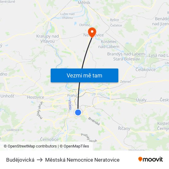 Budějovická to Městská Nemocnice Neratovice map