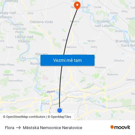 Flora to Městská Nemocnice Neratovice map