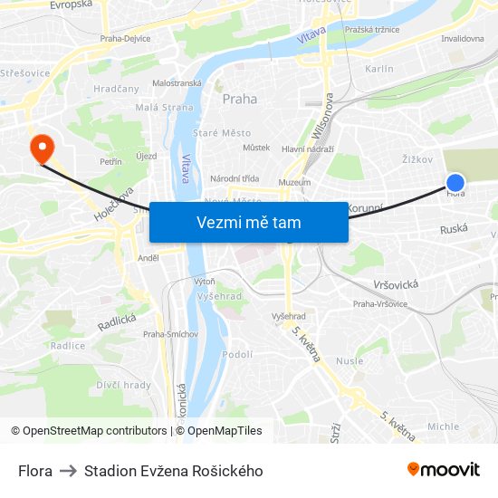 Flora to Stadion Evžena Rošického map