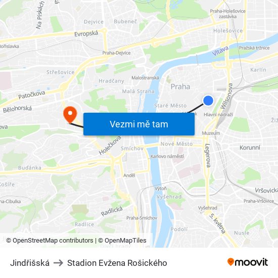 Jindřišská to Stadion Evžena Rošického map