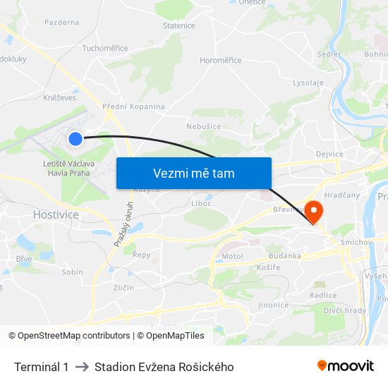 Terminál 1 to Stadion Evžena Rošického map