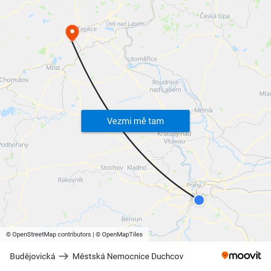 Budějovická to Městská Nemocnice Duchcov map