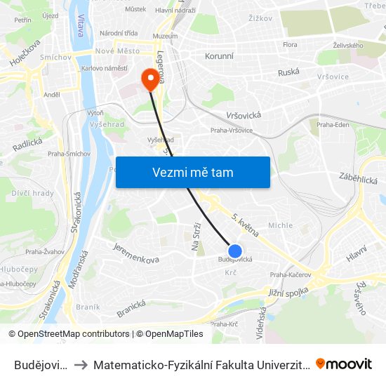 Budějovická to Matematicko-Fyzikální Fakulta Univerzity Karlovy map